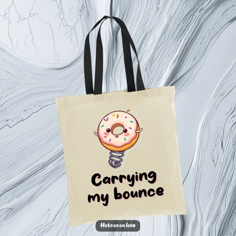 Funny donut character with sprinkles bouncing on a spring, illustrated on a durable tote bag, ideal for shopping and humor.