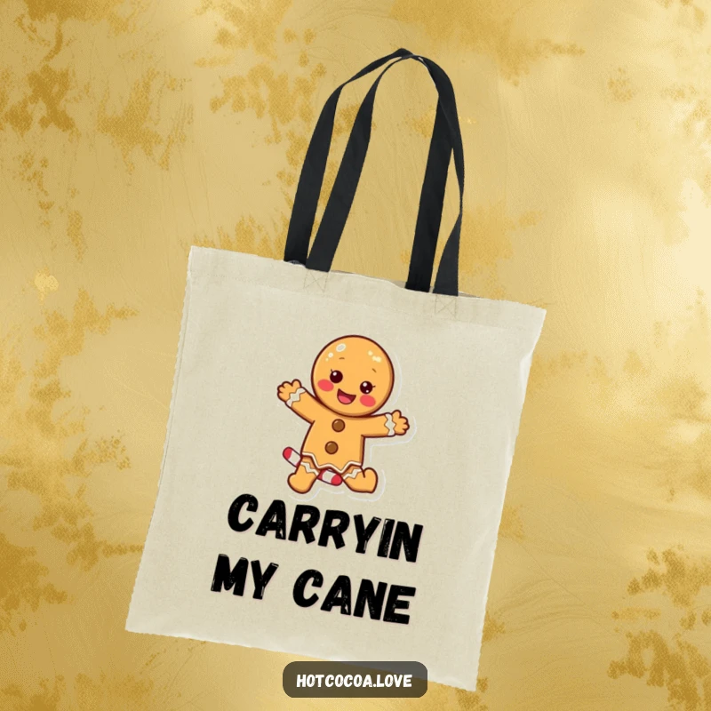 Funny tote bag with a delighted gingerbread cookie character excitedly dancing on a candy cane, a festive and practical accessory.