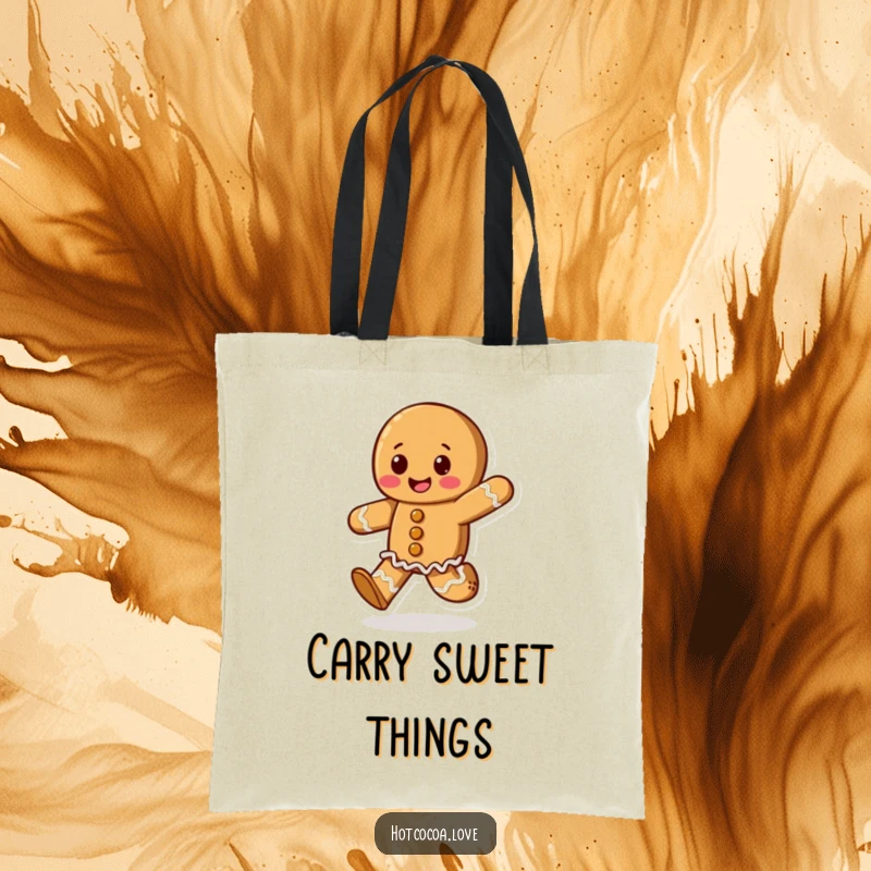 Funny tote bag featuring a happy gingerbread cookie character skipping energetically, ideal for carrying essentials with festive cheer.