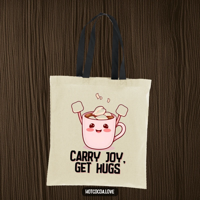 Funny tote bag featuring a happy hot cocoa mug character, marshmallow arms up high, perfect for carrying daily essentials with cheer.