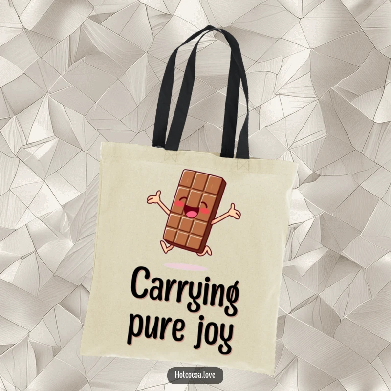 Funny tote bag with a jolly chocolate bar character jumping for joy, practical and cheerful, great funny gift.