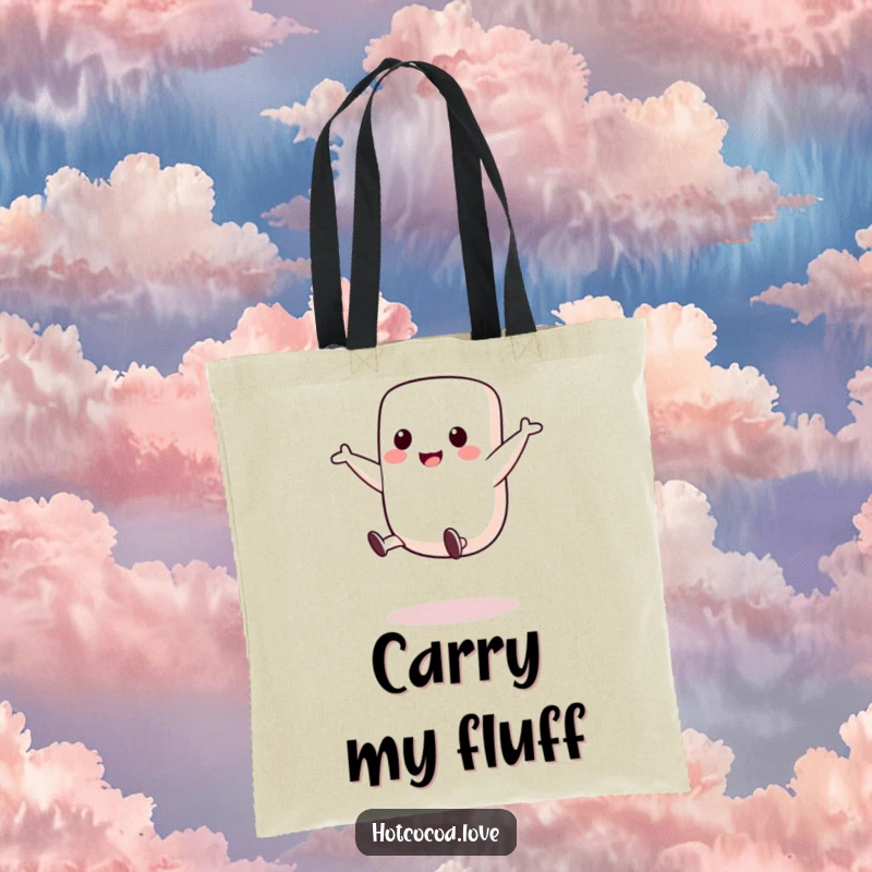 Funny tote bag with a cute marshmallow character performing a cartwheel, embodying playful energy and carrying capacity.
