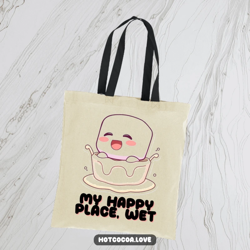 Funny tote bag with a laughing marshmallow character being dunked into creamy liquid, ideal for carrying goods with humor.