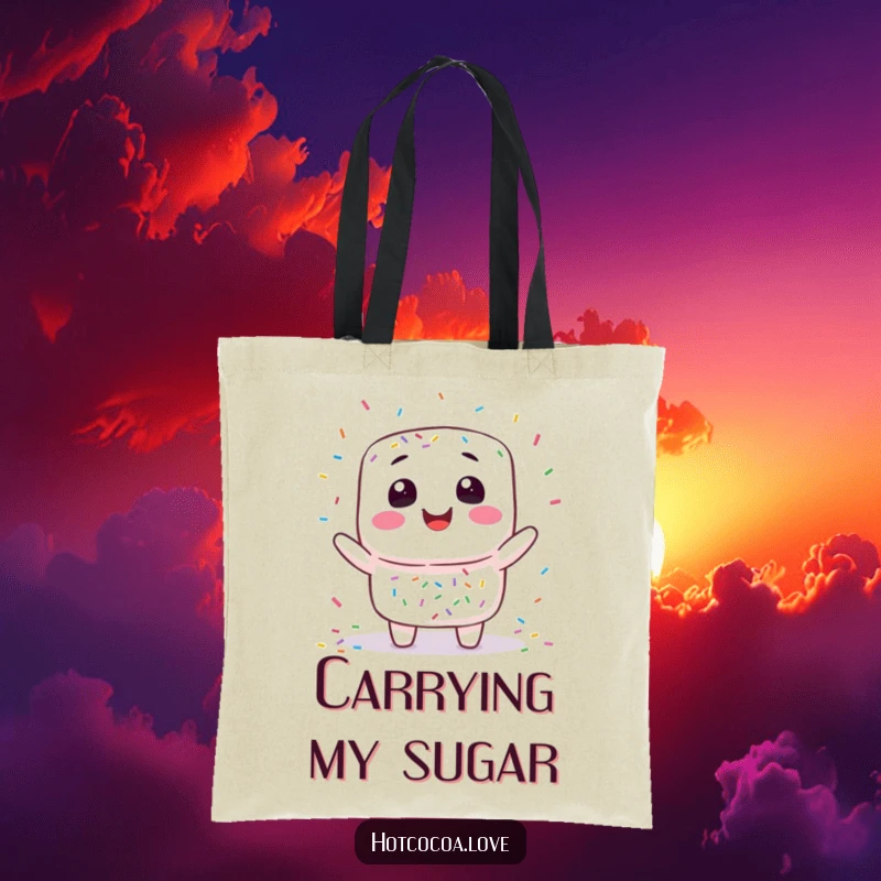 Funny marshmallow juggling tote bag showcasing a smiling marshmallow character playfully tossing colorful sprinkles, ideal for carrying items with sweetness.