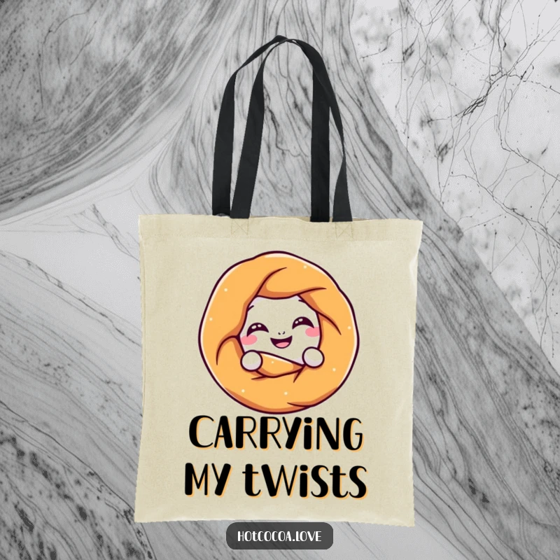 Funny pretzel character playfully twisting into a knot with a grin, illustrated on a durable tote bag, ideal for shopping and snacks.