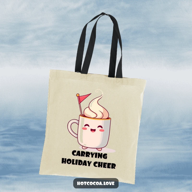 Funny steaming mug character waving a festive flag on a tote bag, perfect for holiday shopping and events.