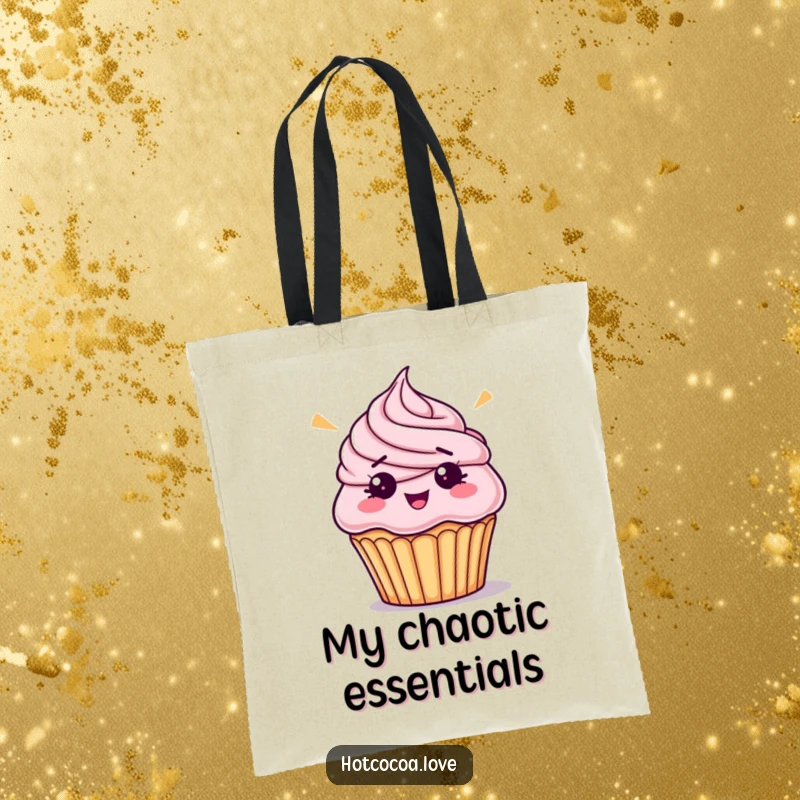 Funny bewildered cupcake with askew frosting, printed on a humorous tote bag for daily use and dessert lovers.
