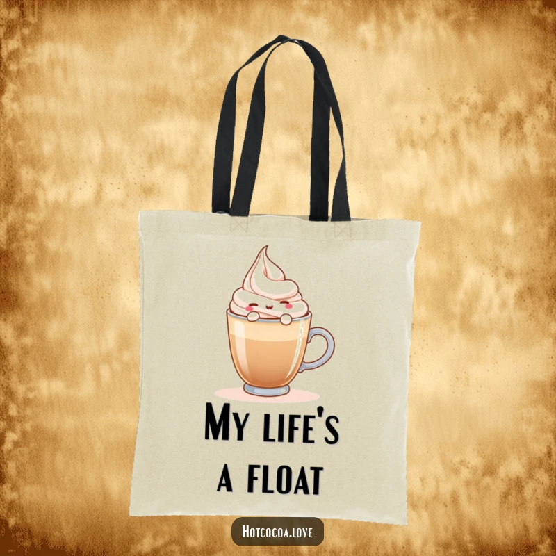 Funny tote bag with a happy whipped cream character floating on a hot beverage, ideal for carrying items with cozy charm.
