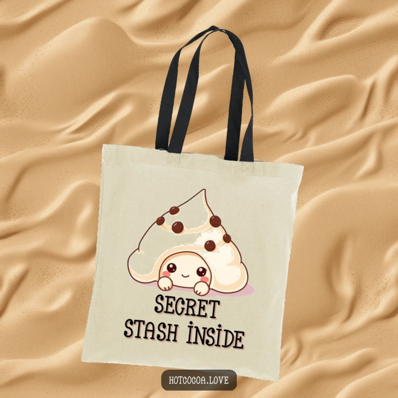 Funny chocolate chip cookie peeking from cream on a tote bag, ideal for carrying essentials with sweet humor.